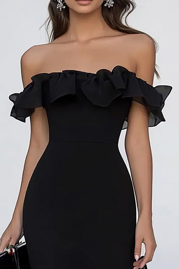 Off The Shoulder Chiffon Black Tie Dress with Ruffles